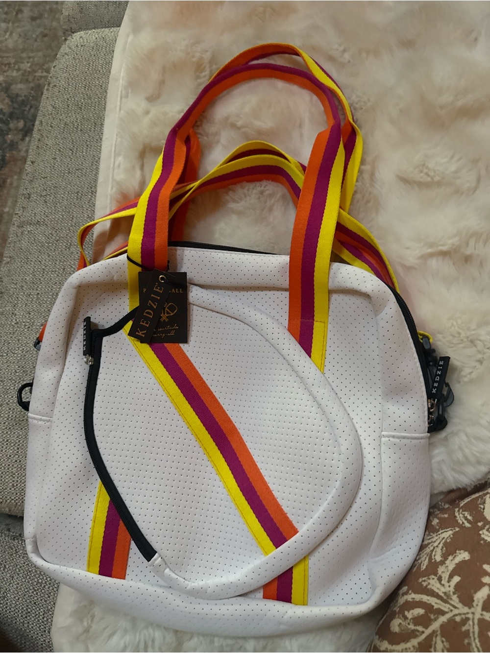 Pickleball Tote—-White Perforated Tote with Multicolor Stripe Handles